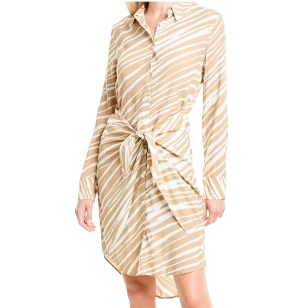 Habitual Talia Gardenia Zebra Print Beige White Tie Waist Shirt Dress Size XS
